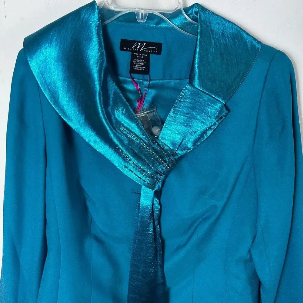 Midnight Velvet Skirt Suit Set Womens Size 8 Teal Blue Beaded Metallic Trim